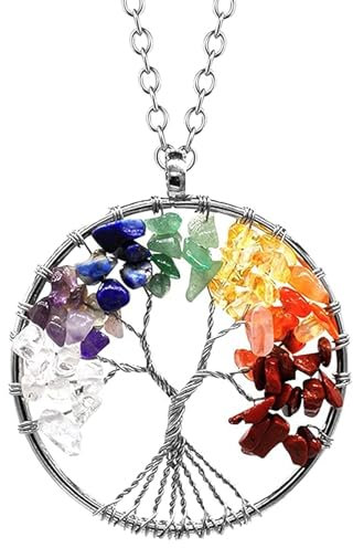 HAORQEE Tree of Life Necklace, 7 Chakra Healing Crystal Gifts for Women, Crystals Pendant Natural Tumbled Gemstone Wire Wrapped Handmade Necklaces Gifts for Best Friend, Women, Men
