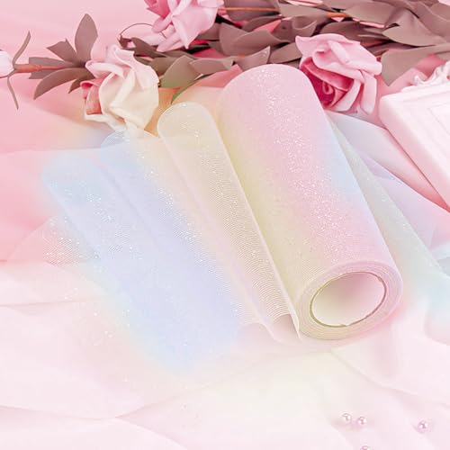 LPAMABA 15cm x 9m/10 Yard Tüll Regenbogen Tüllstoff Tüll Rolle mit Glitzer Tüllband mit Farbverlauf Tüll Deko Tüll Dekoband Dekostoff für Tutu Rock Hochzeit Handwerk