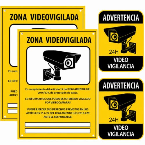 Pack 2 Carteles de Videovigilancia Homologado PVC 15x20 cm + Pegatina | Placa de PVC cámaras de seguridad resistente exterior, señalización cumplimiento LOPD RGPD España, CCTV