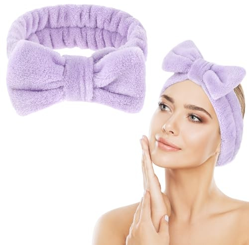 Abeillo Makeup headband for Face Washing - Spa Skincare Absorbent Bowknot headband, Soft Coral Fleece Facial Skincare Elastic Hairband Washband for Shower (Purple)
