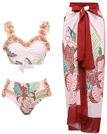 Damen National Sexy Badeanzug Bikini mit Gürtel Badeanzug Bluse Set Herren Shirt Ohne Arm (Red, M)