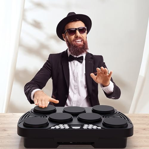 7 Pad Digital Electric Drum Kit with Build-in Stereo Speakers, Electronic Drum Practice Pad Mat for Kids Adult Beginner - Foot Pedals, Drum Sticks