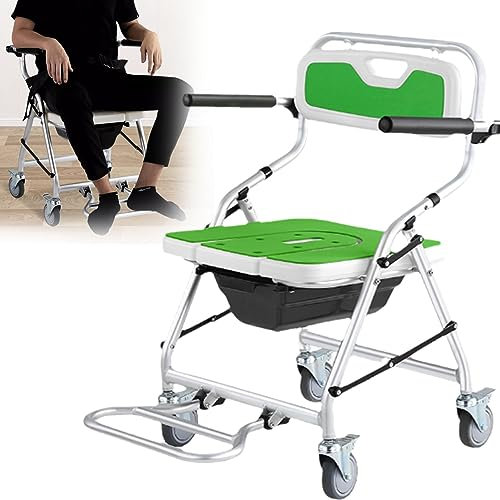 BUBANDI Chaise de douche pliable avec roues freinées, tabouret de douche en alliage d'aluminium avec dossier et accoudoirs, fauteuil roulant de salle de bain pour handicapés, personnes âgées, blessés
