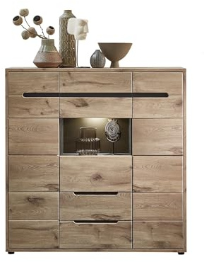 möbelando Highboard >Bellano< in Viking Oak Dekor, MDF, Spannplatte - 125x128x38cm (BxHxT)