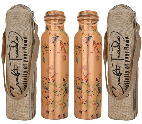 Craft Trade Trinkwasserflasche Kupfer Trinkflasche Rein Blumen Flasche Wasserflasche mit Deckel und Tragetasche 34oz/1000 ml Auslaufsicheres Ayurveda Kupferflasche für Büro und Yoga- 2