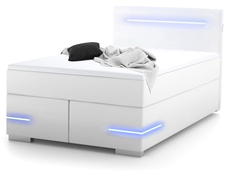 wonello Lennox Boxspringbett 140x200 mit LED Beleuchtung und USB Anschlüssen I in Kunstleder Weiß I Design Bett für Jugendliche und Erwachsene I Bett mit Matratze und Topper