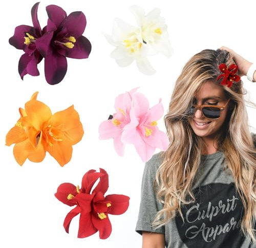 5 PCS Bohemian Flower Hair Clips, Artificial Tropical Flower Hair Clip for Seaside Holiday, Bridal Rose Hair Pins, Hawaiian Hibiscus Hairpin, Orchid Hairpins (5 Colors)