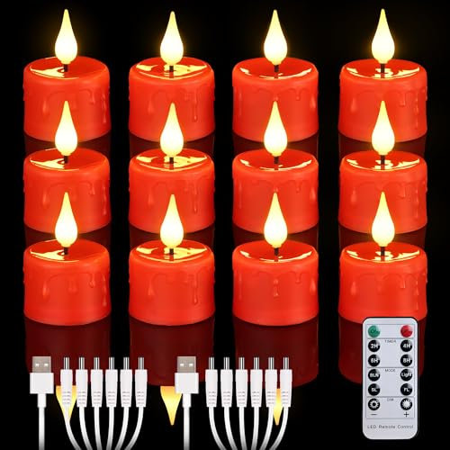Cibnew Wiederaufladbare Teelichter mit Fernbedienung & Timerfunktion Flackernde Flamme LED Kerzen mit 2 Stück USB-Kabel für Party Zimmer Halloween Weihnachtsdekoration (12 Stück Rot)