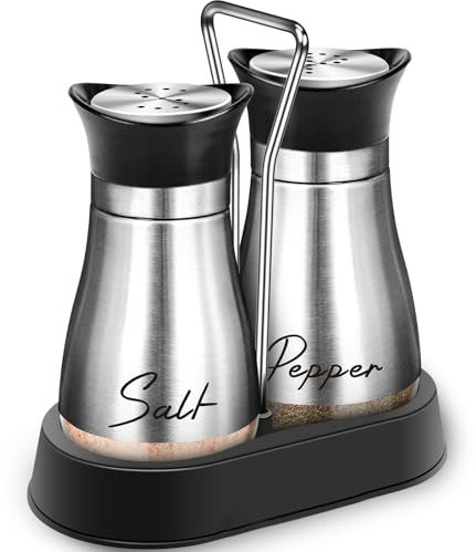 2-Pack Stainless Steel & Glass Salt and Pepper Shaker Set with Modern Holder (Silver&Silver)