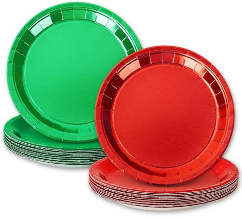 Whaline 40 Pcs Christmas Dessert Plate Foil Red Green Disposable Paper Plate Metallic Dinnerware Plate 7 Inch for Xmas Winter Party Supplies Table Decor
