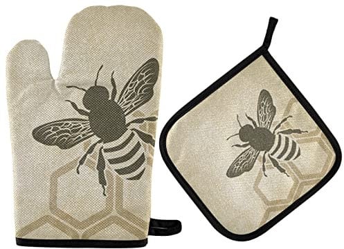 Vikeiac Ofenhandschuh und Topflappen-Set im Retro-Stil, Vintage-Stil, Bienenwaben, hitzebeständige Grillhandschuhe für Küche, Kochen, Grillen