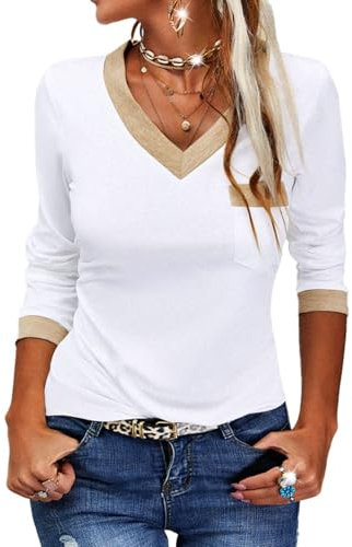 Fisoew Camiseta de manga larga para mujer, informal, cuello de pico, bloque de color, manga larga, camiseta básica, túnica, blusa., Blanco, XL