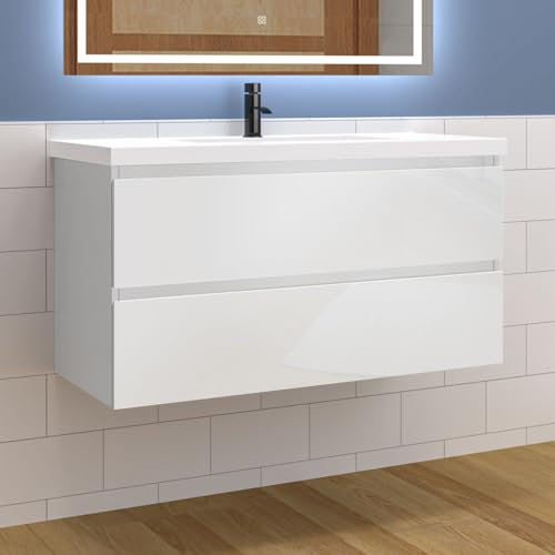 Aica Sanitär Waschtisch mit Unterschrank 100cm Alast Badmöbel Set Hochglanz Weiß Waschbecken mit Unterschrank MDF Softclose