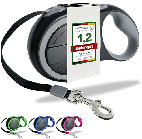 DOMOPRIMA Roll-Leine für Hunde. In 3 Größen (S,M,L) und 4 Farben (grau, blau, grün, pink) - Robuste und sichere Hundeleine für kleine, mittlere und große Hunde. Verhedderungsfreier Gurt (Grau, S)