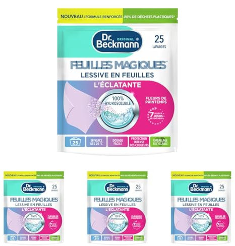 Dr. Beckmann FEUILLES MAGIQUES Lessive en feuilles L'ÉCLATANTE | Format pré-dosé, pratique et léger | 100% hydrosoluble, facile à utiliser et ranger | 25 feuilles (Lot de 4)