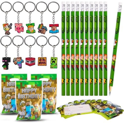Ezydka Cadeau de fête de jeu vidéo - Cadeau d'anniversaire d'enfant - Cadeau d'invités - Cadeau d'anniversaire pour enfants (porte-clés, bracelets, sacs cadeaux)