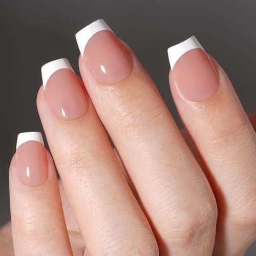 NLFOX Nude Pink French Tip False Nails - 24PCS Square Stiletto Full Cover Nail Tips - 1 Gram (Pack of 1) - Glossy Acrylic Material - 1 Set of 24 Items