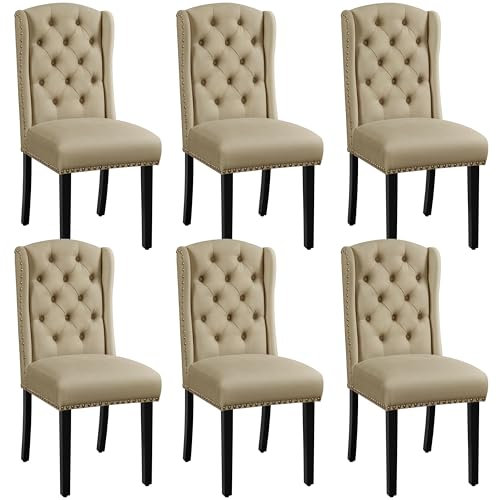 Yaheetech Juego de 2 Sillas de Comedor Tapizadas con Botones Silla Tapizada Patas de Madera Sillas Descalzadoras para Cocina Restaurante Comedor (6, Caqui)