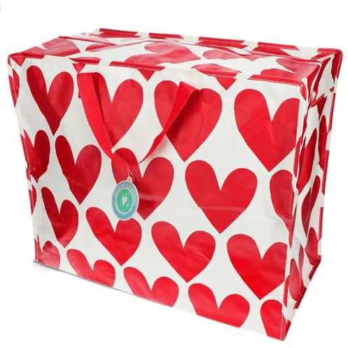 LS-LebenStil XXL Jumbo Bag Herzen Rot Weiß Einkaufstasche Shopper Riesentasche Tasche Allzwecktasche Recycelt Aufbewahrungstasche Unterbettkommode Organizer