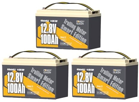 Power Queen 3-Pièces 12V 100Ah Batterie Lithium Bluetooth Bateau 100A BMS | IP65 Étanche, Protection à Basse Température, 1280 Wh d'énergie, 4000-15000 Cycles, pour Moteur Électrique Bateau Camping-Car