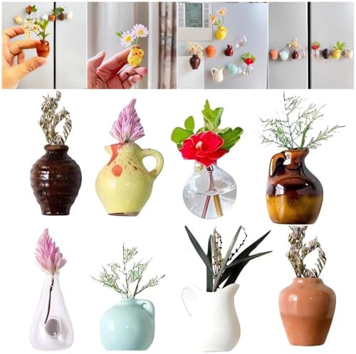 Magnete Kühlschrank, 8 Stück mini Vase Magnet Kühlschrankmagnete, 3D Niedliche Keramik Vase Kühlschrankmagnete, 2025 Neue Magnet Vase für Kühlschrank, für Familie Küche und Büro Dekoration (A)