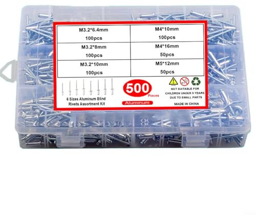 Kit de remaches de 500 piezas de remaches ciegos de aluminio en 6 tamaños para aplicaciones domésticas, automotrices e industriales