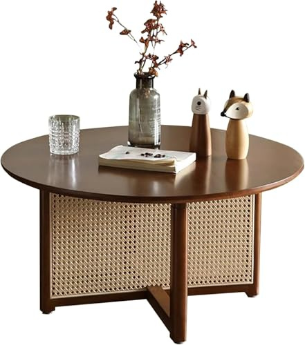 Massives Holz runder Couchtisch, Akzententisch für Wohnzimmer, moderner Rattan Kleiner Kaffee -Tee -Tisch, Walnuss