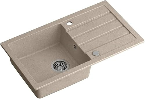 QUADRON Lavello da Cucina in Granito a vasca singola, dimensioni 77 x 44 x 17,5, colore: beige, JERRY 111 Lavello a vasca singola, Lavello in Granito, con sifone e scarico manuale