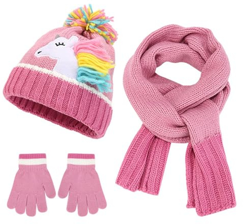 Generisch Kinder Wintermütze Schal Handschuhe Set, Mädchen Winter Warme Strickmütze mit Einhorn-muster und Pompon, Beanie Hut Winter Accessoires Set für Kinder 3-6 Jahre