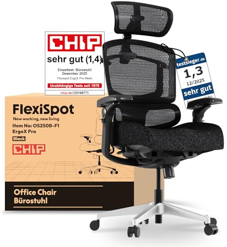 FLEXISPOT Ergonomischer Bürostuhl ErgoX Pro-Foam Schwarz | mit 12-stufiger Höhenverstellung, mit 7D-Armlehnen, 5D-Lendenstütze, 4D-Kopfstütze, 250 kg Belastbarkeit und Netzsitz