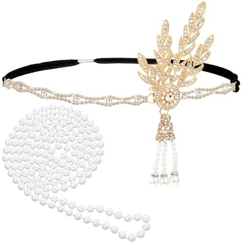 Kopfschmuck Perlenkette 1920s Stil Damen Gatsby Kristall-Stirnband Feder Stirnband, Great Gatsby Flapper-Kleid-Accessoires Flapper-Perlen-Strass-Schmuck 2 Stück