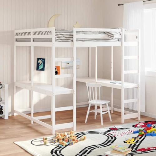YuuSsea Hochbett aus massivem Kiefernholz, Weiß, 160x200 cm, mit integriertem Schreibtisch und sicherer Leiter, platzsparendes Möbelstück für Schlafzimmer