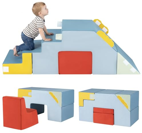COSTWAY Juguetes para Escalar para Niños, Escalador para Bebés con Tobogán y Escaleras, Bloques de Espuma, Fundas de Terciopelo, Juego de Mesa y Silla para Niños de 12+ Meses