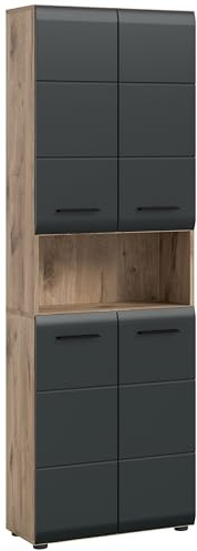 furnling Hochschrank Ivy, Nox Oak/schwarz matt, 1 offenes Fach, 4 Türen, Badezimmerschrank mit 4 verstellbaren Einlegeböden, Höhe 185 cm