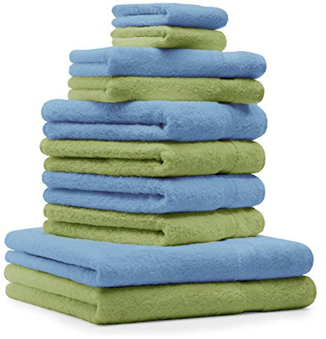 Betz 10-TLG. Handtuch-Set Premium 100% Baumwolle 2 Duschtücher 4 Handtücher 2 Gästetücher 2 Waschhandschuhe Farbe Apfel Grün & Hell Blau