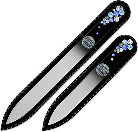 Mont Bleu Lot de 2 limes à ongles en verre, décorée à la main d’éléments Swarovski, pochette en velours noir | Véritable verre trempé tchèque, garantie à vie, Lime à ongles fait main en cristal