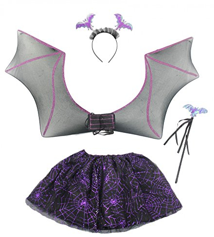 Fledermaus Kostüm für Kinder - Flügel, Tutu, Haarreif, Zepter - Halloween Horror Karneval Fasching Kostüme Mädchen lila schwarz