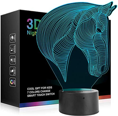 Pferd 3D Illusions Lampe,7 Farben ändern Beleuchtung mit Fernbedienung, Berühren USB Ladung Tisch Schreibtisch Schlafzimmer Dekoration, Coole Geschenke Ideen für Kinder Geburtstag,Valentinstag