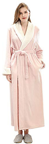 PUTUO Longue Peignoir Femme Robe de Chambre Chaud Hiver Flanelle Peignoir de Bain, Rose, L