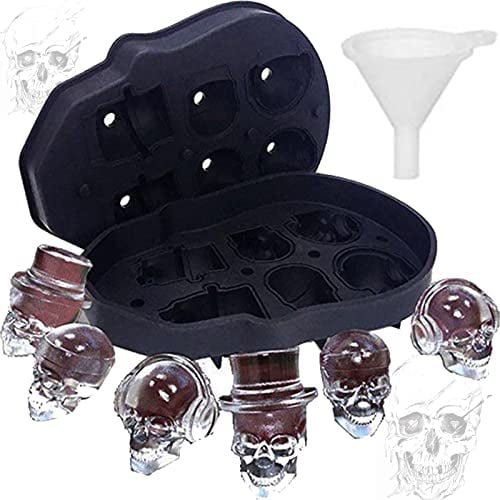 A Moule à glaçons en silicone Tête de mort 3D Tête de mort en silicone avec mini entonnoir, parfait pour whisky, cocktail et toutes les boissons (6 fois)