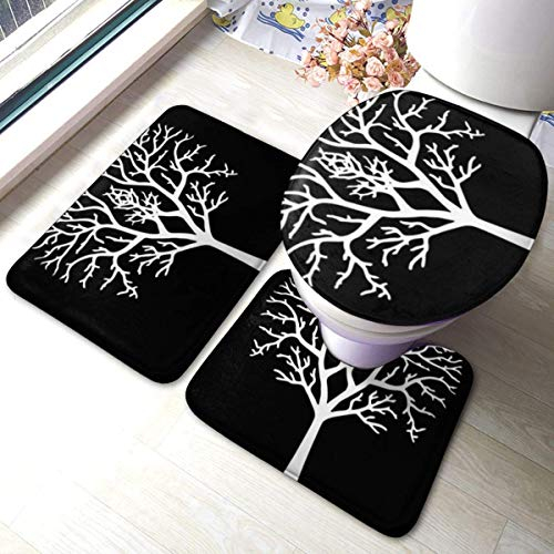 RedBeans Anti-Rutsch-Badvorleger, 3-teiliges Set, Flanell, Badezimmerteppich, Zweige, Baum, Schwarz/Weiß, Gondor Lord Herbstzeichner, Badezimmer-Set, Matten inkl. weicher Badematte und WC-Deckelbezug