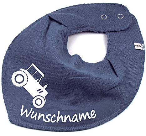 HALSTUCH mit Namen oder Text personalisiert für Baby oder Kind aus Baumwolle in Einheitsgröße Traktor dunkelgrau