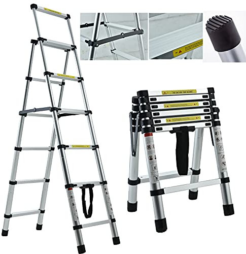 Indoor Step Ladder 5+6 Tread Anti Slip Heavy Duty Foldable Telescopic Stepladder EN131 Approved Up to 330lbs Capacity for DIY Printing Decorating Kitchen Office Garden