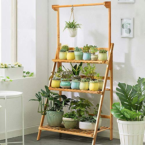 Plant Stand Outdoors Indoor Shelf Ladder Plant Flower Stand 3 Tiers Garden Flower Shelf, Balcony Bamboo Foldable Ladder Shelf Bamboo Stairs Hanging for Office Balcony Living Room Outdoor Garden Decor