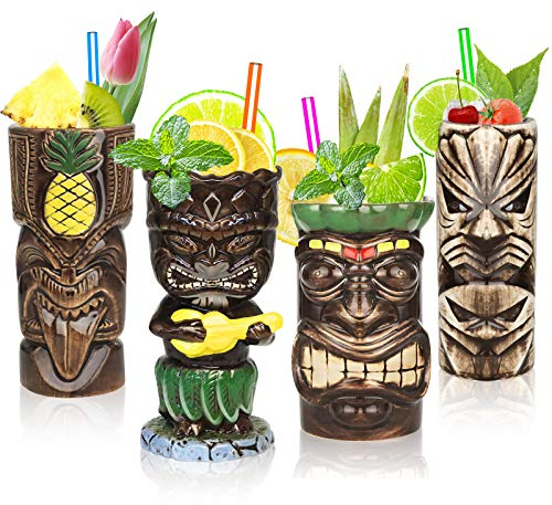Tiki-Tassen-Set, Hawaii-Party-Becher aus Keramik, für Cocktails, hochwertiges Tassen-Set mit 4 Tassen für exotische Party - TJB02