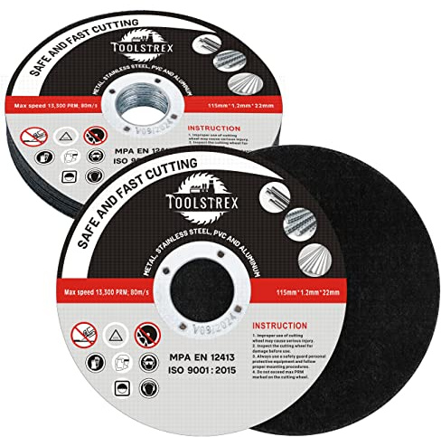 TOOLSTREX Angle Grinder Discs 10-Piece, Strong and Durable, Ultra -Thin Metal Cutting Discs for Fast & Precise Cutting of Steel, Iron, Aluminum, & Ferrous Metals - 115mm x 1.2mm