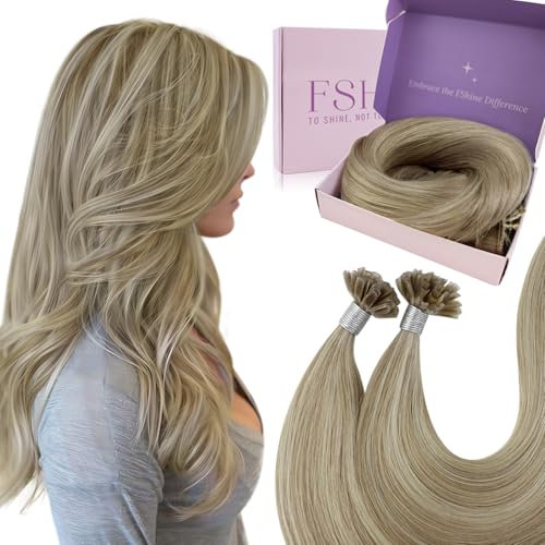 Fshine Bondings Extensions Echthaar 35 cm 50 Strähne Haar Extensions Echthaar Bondings Keratin Bondings Stylingfreiheit 40 g Goldblond Highlight Hellblond Farbe 16P22