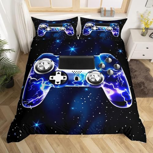 Galaxy Gamer Duvet Cover Purple Lightning Gamer Bedding Set for Kids Boys Video Game Gamer Bedding & Linen Game Controller Bedding & Linen 2Pcs Single Size