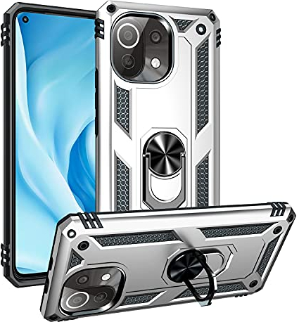 BestST Cover per Xiaomi Mi 11 Lite 5G/4G/11 Lite 5G NE,+ Vetro Temperato, Custodia Antiurto Armor Cover a 360°Girevole Ring Hybrid Bumper TPU Case Grado Militare Protettiva Shell,Argento