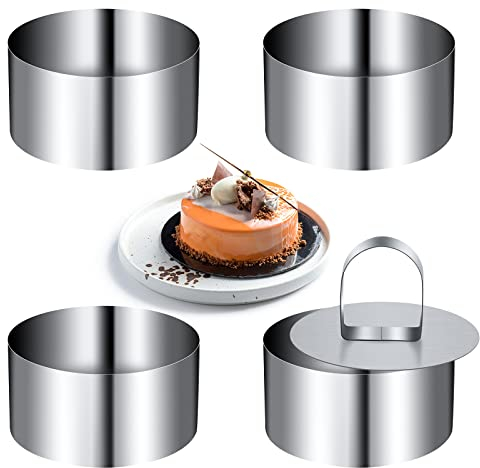 HOLEMZ Mini-Kuchenring Formen Edelstahl Runde Mousse-Ring-Set 8cm Durchmesser mit Presse Heber Verdickte Backen Werkzeug für Gebäck Nachtisch 4 Stücke